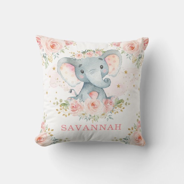 Pretty Pink Blush Elephant Baby Girl Nursery Cushion (Front)