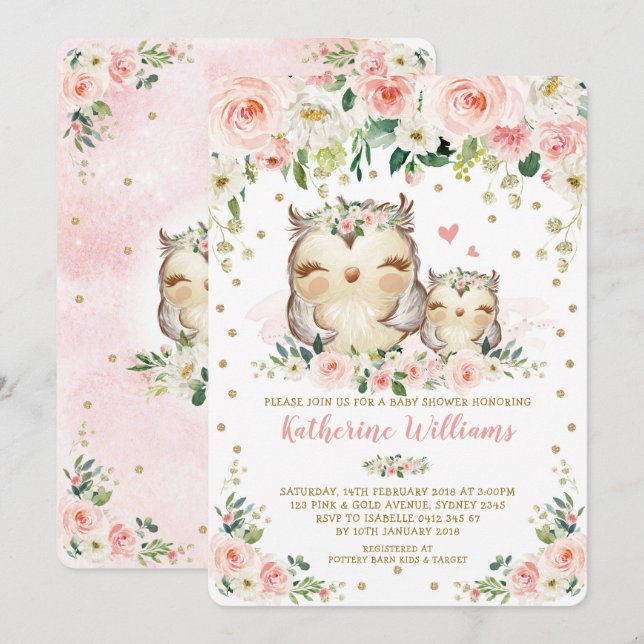 Pretty Pink Blush Floral Owl Girl Baby Shower Invitation (Front/Back)