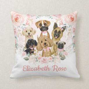 Pretty Pink Blush Floral Puppy Dogs Baby Girl Cushion