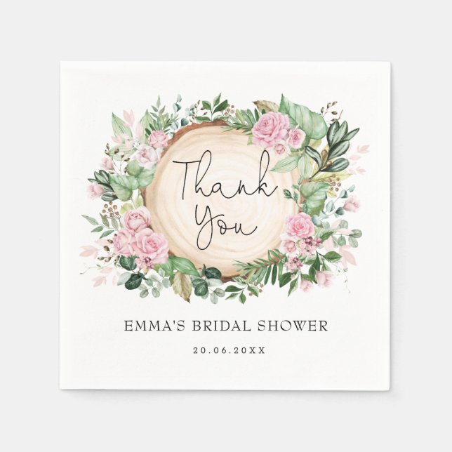 Pretty Pink Blush Flower Greenery Bridal Shower Napkin (Front)