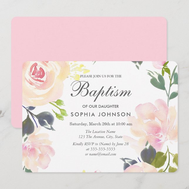 Pretty Pink Blush Flowers Baby Girl Baptism Invite (Front/Back)