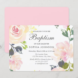 Pretty Pink Blush Flowers Baby Girl Baptism Invite