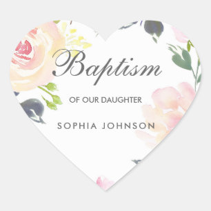 Pretty Pink Blush Flowers Baby Girl Baptism Invite Heart Sticker