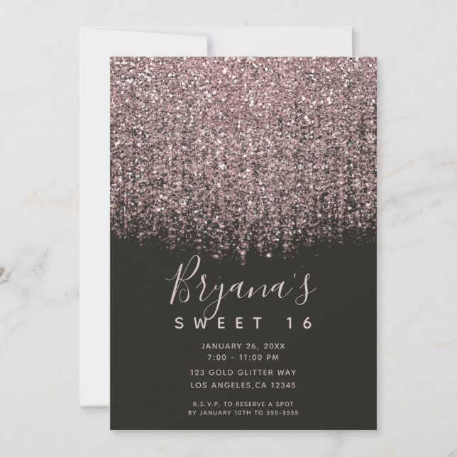 Pretty Pink Blush Glitter Black Sweet 16 Party  Invitation (Front)