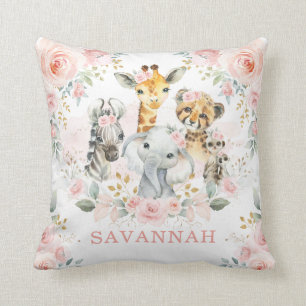 Pretty Pink Blush Jungle Safari Animals Baby Girl Cushion