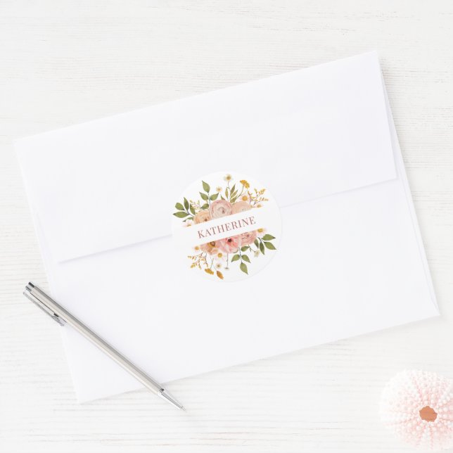 Pretty Pink Bohemian Floral Name Classic Round Sticker (Envelope)