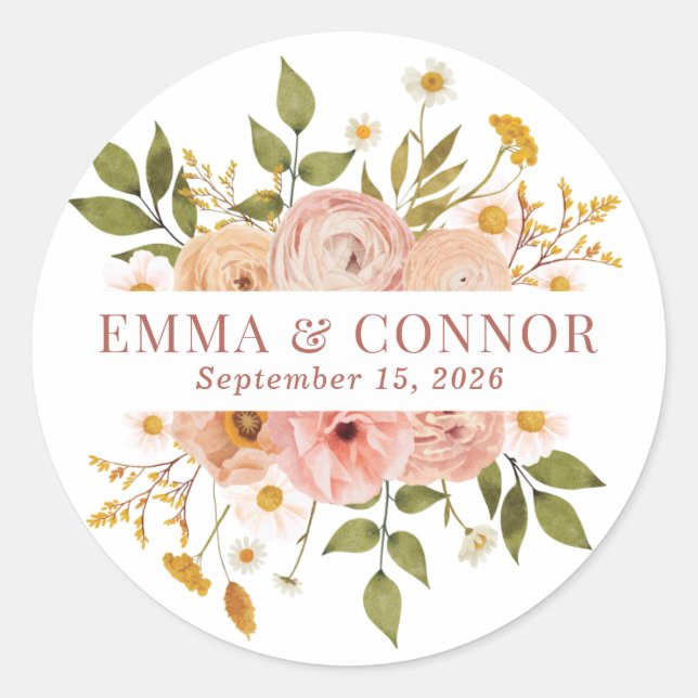 Pretty Pink Bohemian Floral Names Classic Round Sticker (Front)