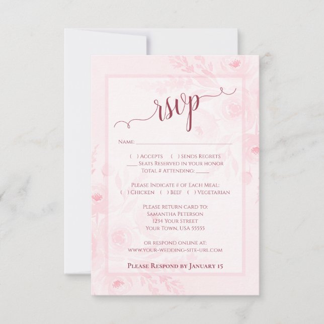 Pretty Pink Boho Chic Watercolor Peonies Wedding RSVP Card (Front)