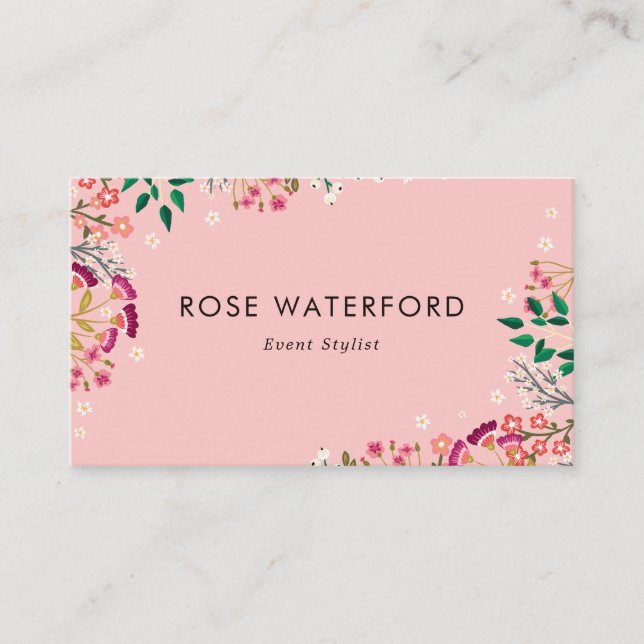 Pretty Pink Boho Wildflowers Business Card (Front)