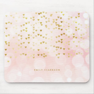 Pretty Pink Bokeh and Heart Gold Foil Confetti Mouse Mat