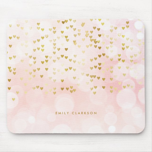 Pretty Pink Bokeh and Heart Gold Foil Confetti Mouse Mat (Front)