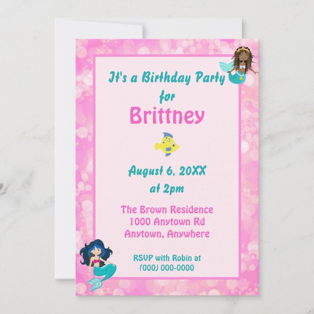 Pretty Pink Bokeh Mermaid Theme Birthday Invitation (Front)