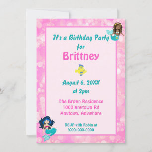 Pretty Pink Bokeh Mermaid Theme Birthday Invitation