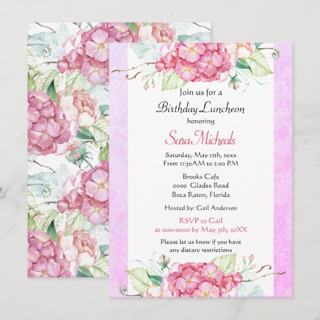 Pretty Pink Botanical Birthday Luncheon  Invitation (Front/Back)