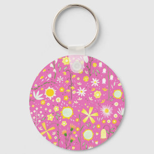 Pretty Pink Botanical Wildflower Floral Keychain