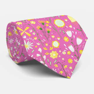 Pretty Pink Botanical Wildflower Floral Neck Tie