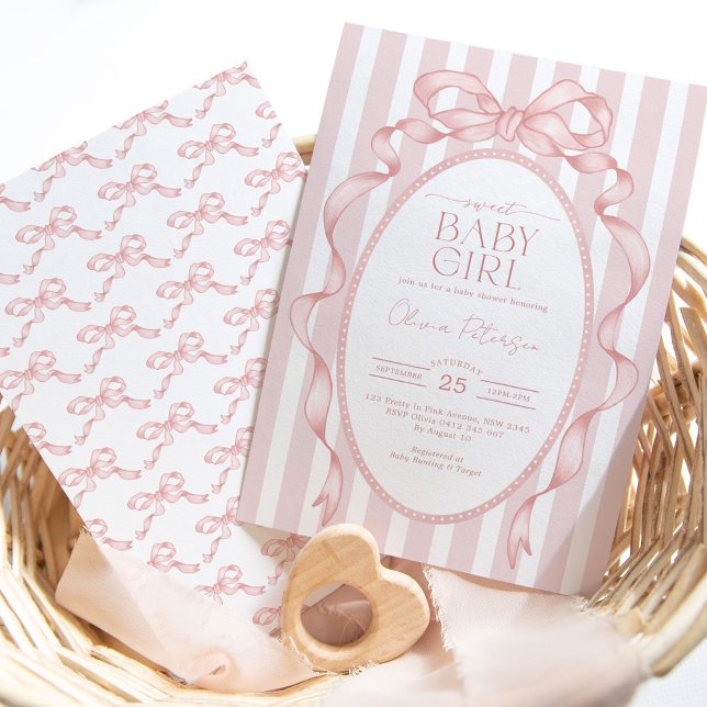 Pretty Pink Bow Coquette Ribbon Baby Girl Shower Invitation (Creator Uploaded)