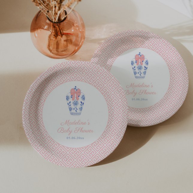 Pretty Pink Bow Ginger Jar Girl Baby Shower Party Paper Plate (Chinoiserie Chic baby girl shower paper plates featuring watercolor ginger jar with pink bow)