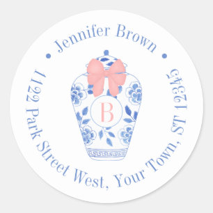 Pretty Pink Bow Ginger Jar Monogram Return Address Classic Round Sticker