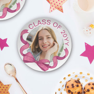 Pretty Pink Bow Round Photo Year Graduation Paper Plate