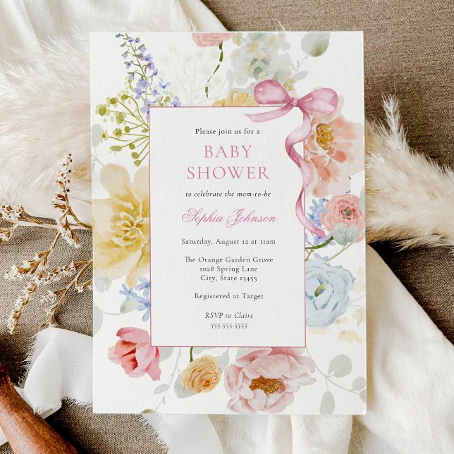 Pretty Pink Bow Wildflower Baby Shower Invitation (Creator Uploaded)