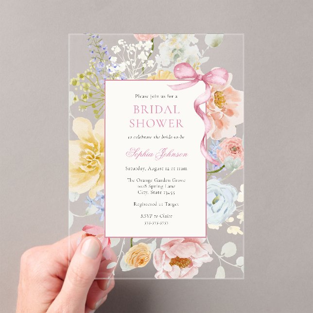 Pretty Pink Bow Wildflower Bridal Shower Acrylic Invitations (Insitu (Handheld))