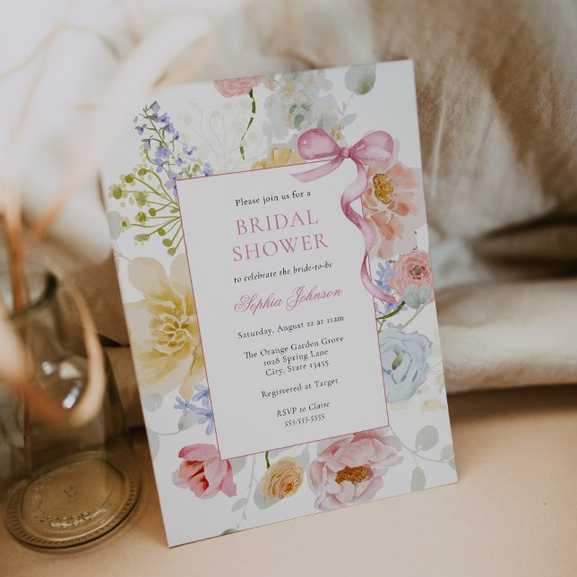 Pretty Pink Bow Wildflower Bridal Shower Invitation (Creator Uploaded)