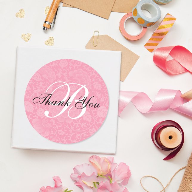 Pretty Pink Brocade Monogram Thank You Classic Round Sticker (Creator Uploaded)