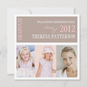 Pretty Pink Brown Photo Collage Graduation Party Invitation