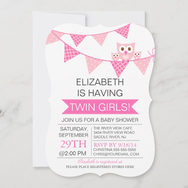 Pretty Pink Bunting Owl TWIN GIRLS Baby Shower Invitation (Front)