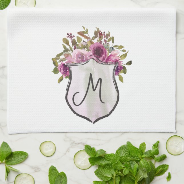Pretty Pink Burgundy Amour Floral Monogram Tea Towel (Folded)