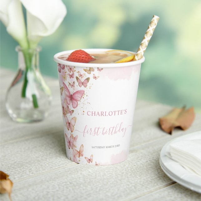 Pretty Pink Butterflies 1st 2nd Sweet 16 Birthday Paper Cups (Insitu)