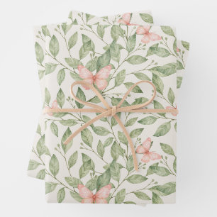 Pretty pink butterflies and green foliage wrapping paper sheet
