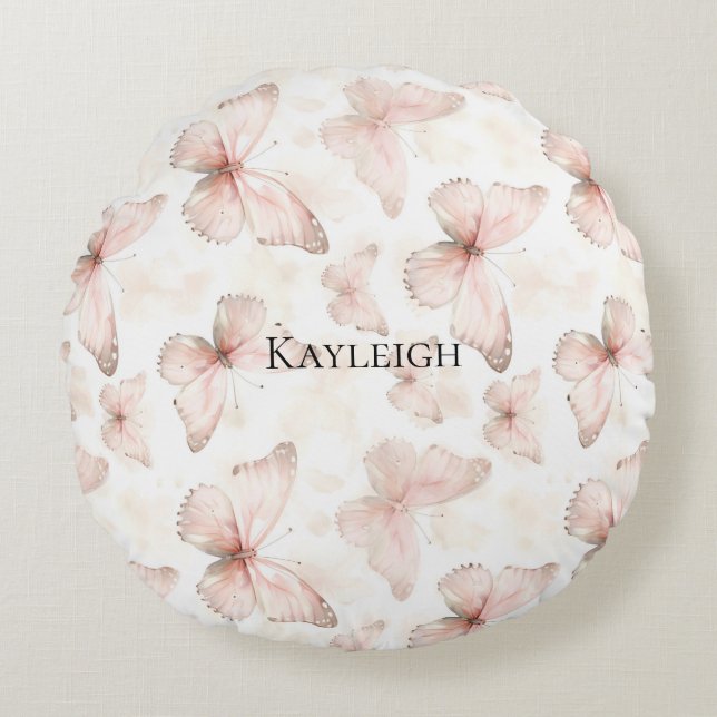 Pretty Pink Butterflies Baby Shower Round Cushion (Front)