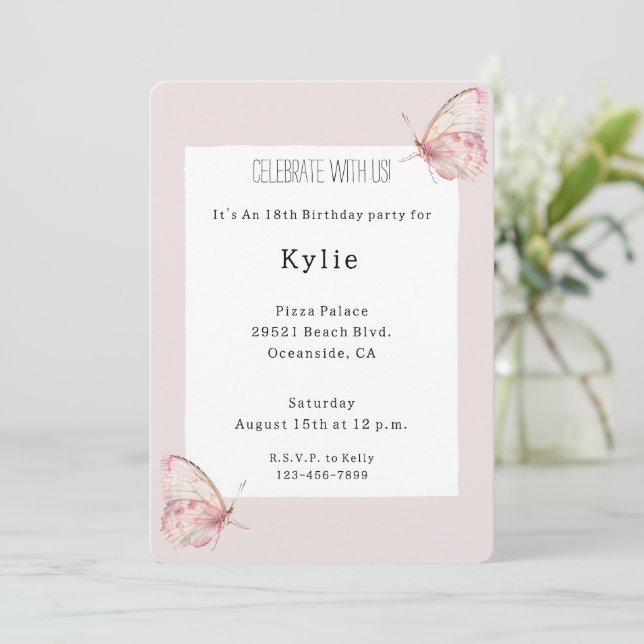Pretty Pink Butterflies Birthday   Invitation (Standing Front)