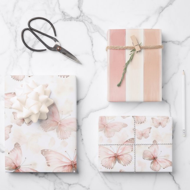 Pretty Pink Butterflies Birthday Wrapping Paper Sheet (Front)