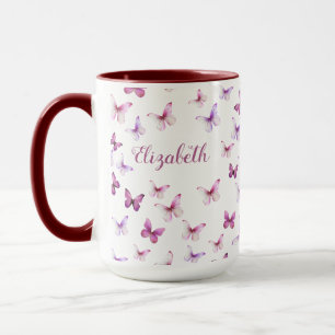 Pretty Pink Butterflies Custom Name Colored Handle Mug