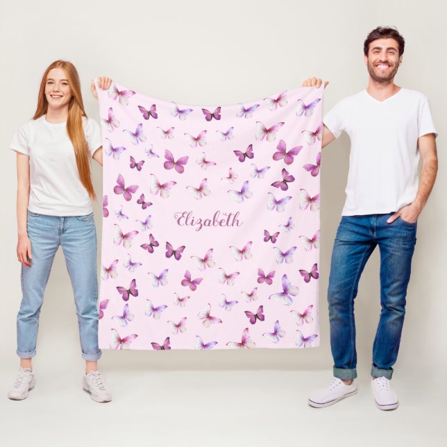 Pretty Pink Butterflies Custom Name Fleece Blanket (In Situ)