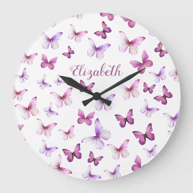 Pretty Pink Butterflies Custom Name Large Clock (Front)