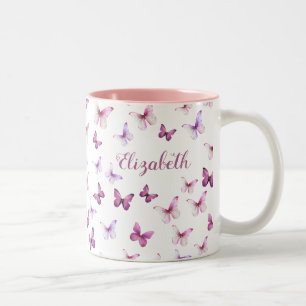 Pretty Pink Butterflies Custom Name Two-Tone Coffee Mug