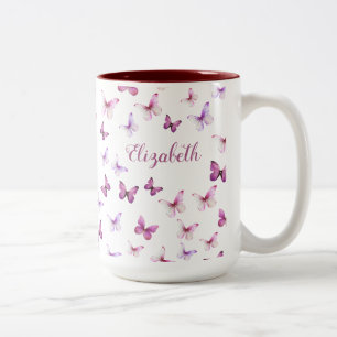 Pretty Pink Butterflies Custom Name Two-Tone Coffee Mug