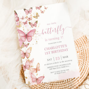 Pretty Pink Butterflies Girl 1st First Birthday Invitation
