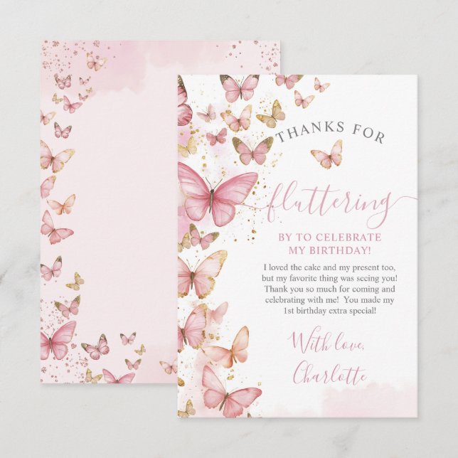 Pretty Pink Butterflies Girl 1st First Birthday  Thank You Card (Front/Back)