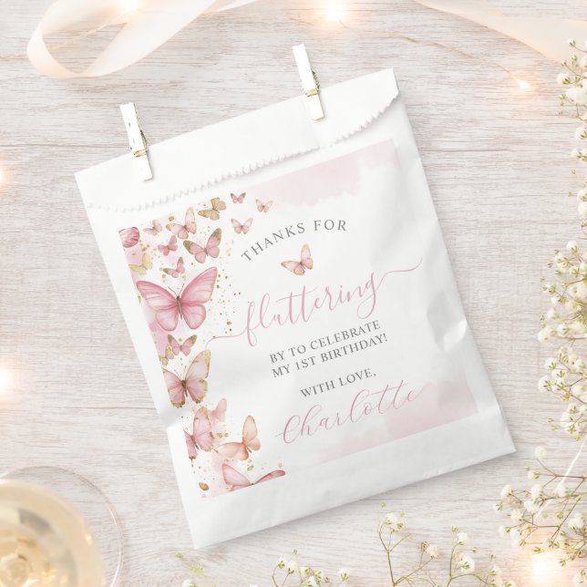 Pretty Pink Butterflies Sweet 16 1st 2nd Birthday Favour Bags (Clipped)