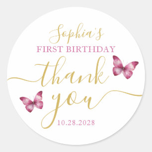 Pretty Pink Butterfly 1st Birthday Thank you Classic Round Sticker