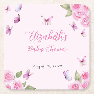 Pretty Pink Butterfly Baby Shower Coaster