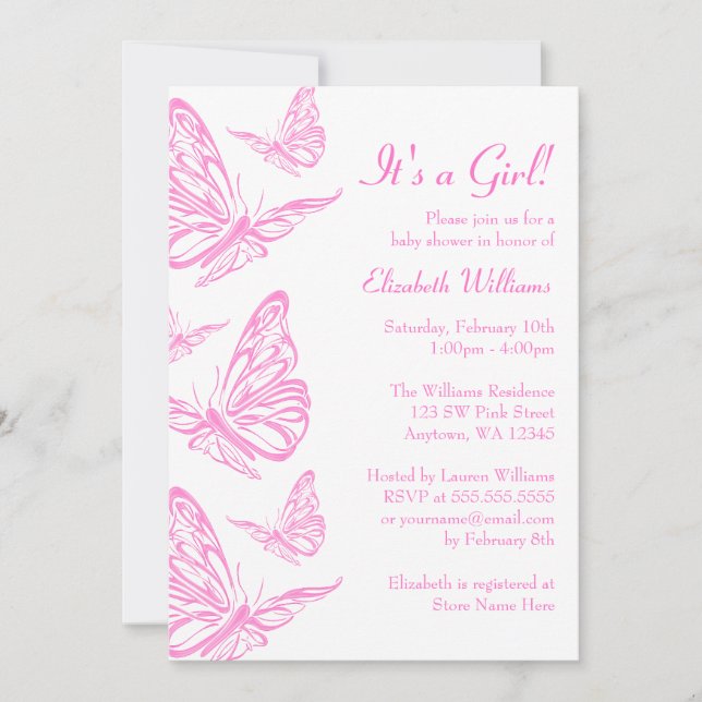 Pretty Pink Butterfly Baby Shower Invitations (Front)