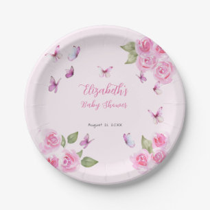 Pretty Pink Butterfly Baby Shower Paper Plate