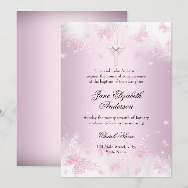 Pretty Pink Butterfly & Cross Baptism Invite (Front/Back)