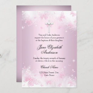Pretty Pink Butterfly & Cross Baptism Invite